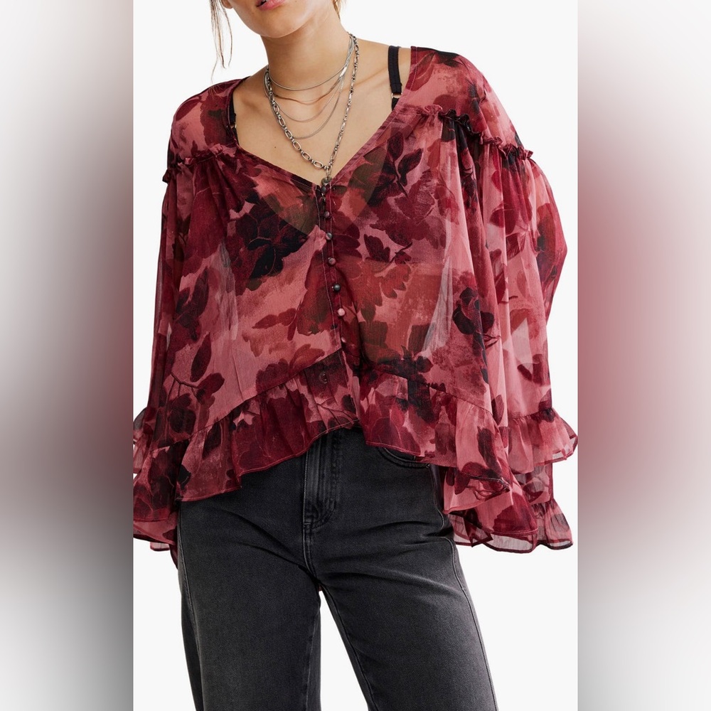 Free People Floral Sheer Blouse in Red and Black
